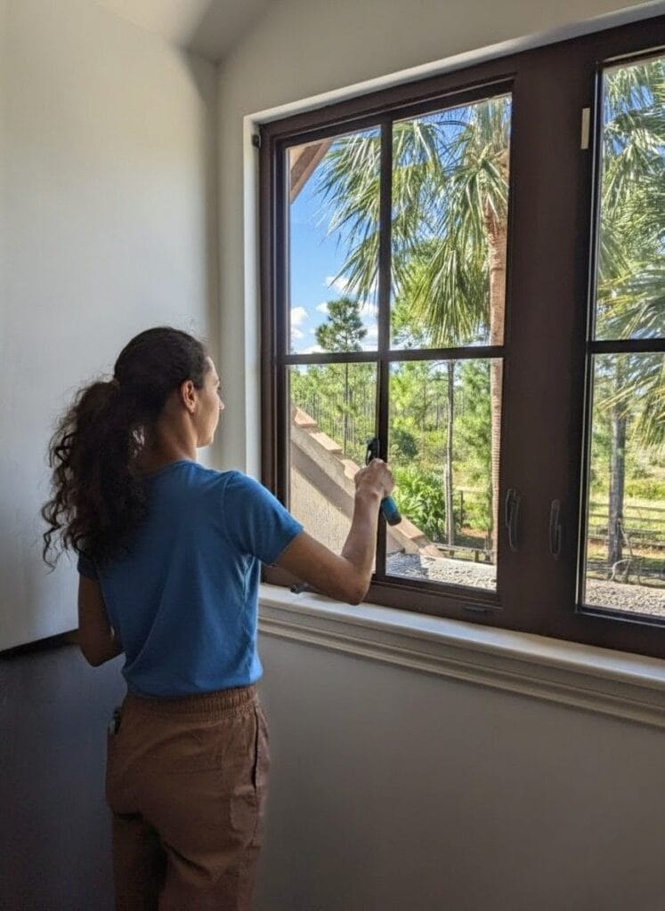 Woman window washing with a squeegee